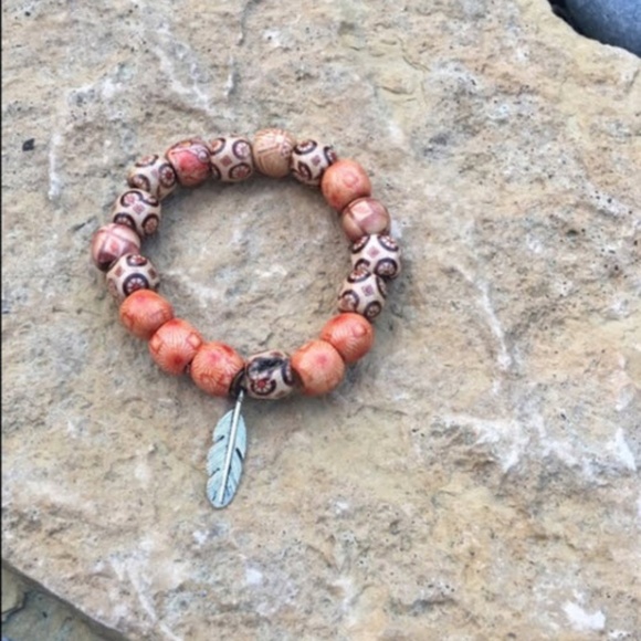Painted Wood Boho Bracelet w/feather charm - Picture 3 of 3